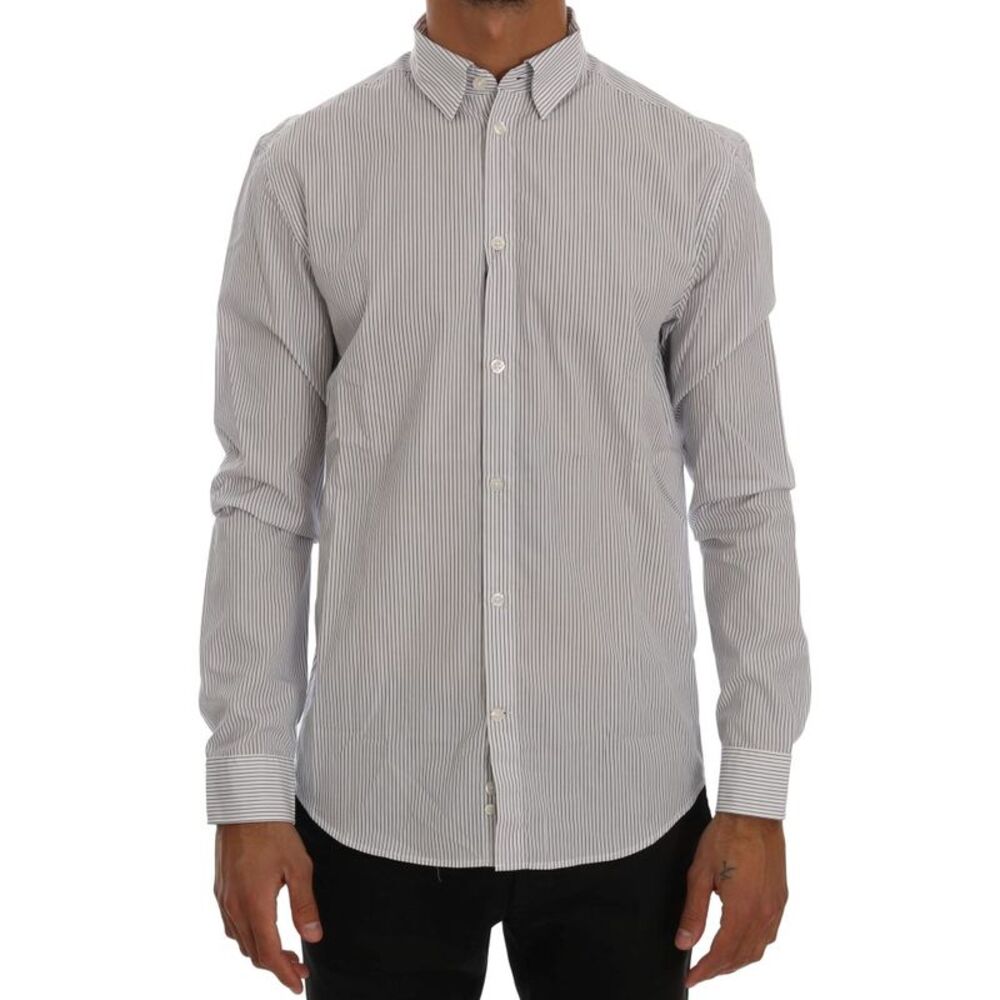 Frankie Morello White Blue Striped Casual Cotton Regular Fit Men's Shirt